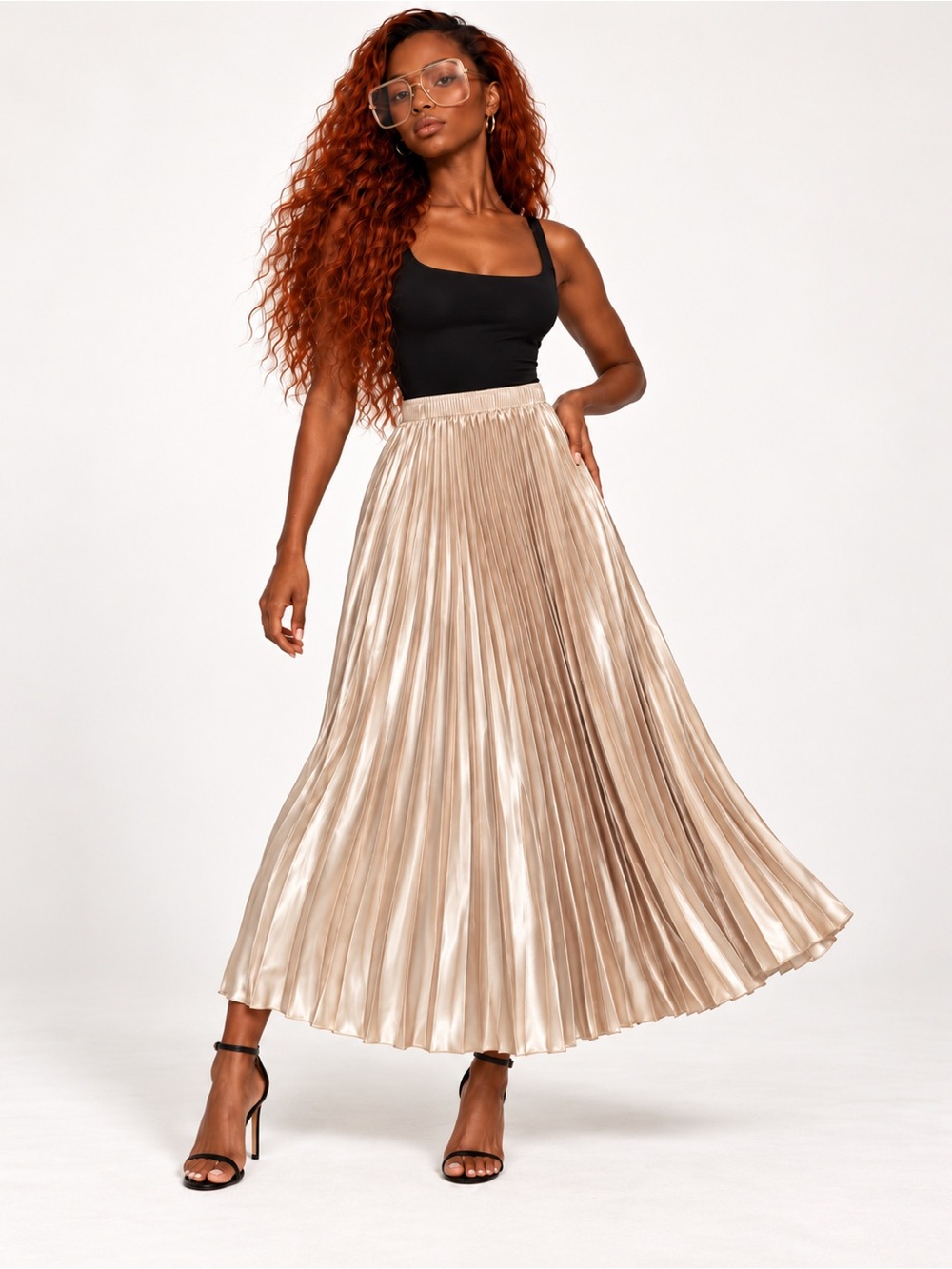Pleated Metallic Midi Skirt - Champagne Shimmer